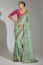 Light Green Silk Heavy Worked Saree - green silk saree