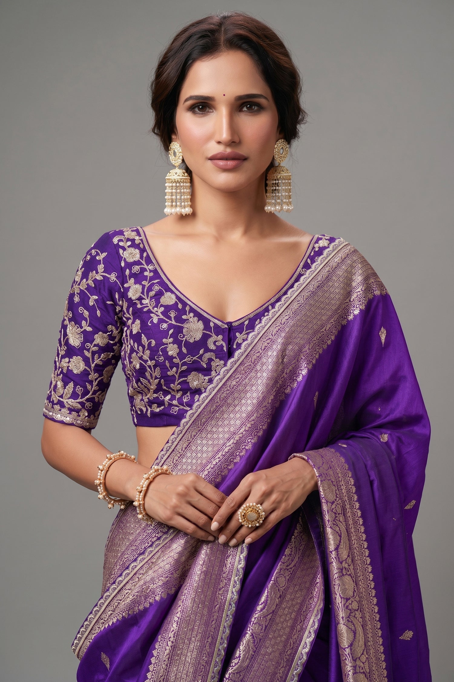 Dark Purple Silk Viscose Saree with Weaving Secondary image