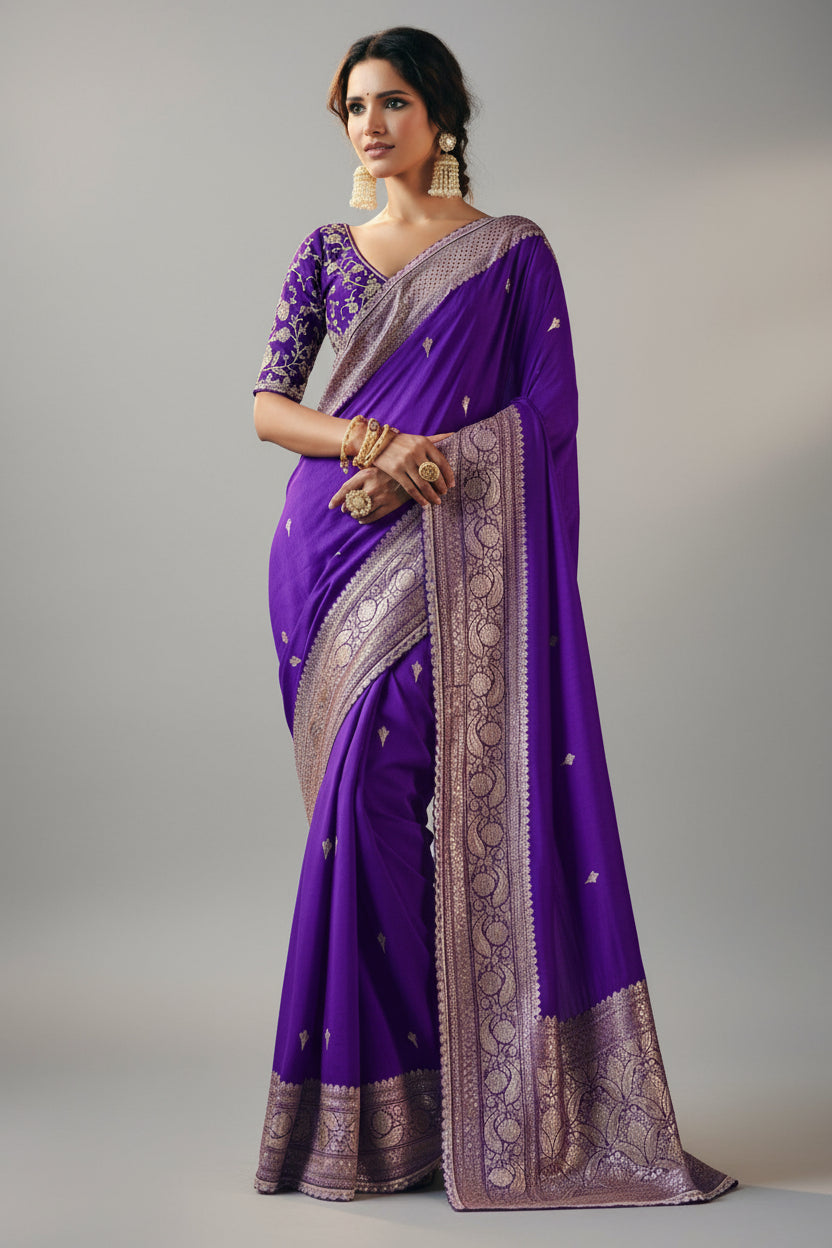 Dark Purple Silk Viscose Saree with Weaving - purple silk saree