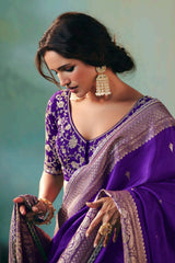 Dark Purple Silk Viscose Saree with Weaving