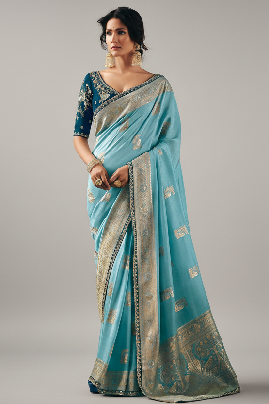 Light Blue Silk Viscose Saree with Weaving
