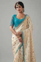 Pearl White Silk Viscose Saree with Weaving - white silk saree