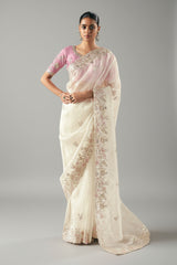 Pear White Glass Tissue organza Saree with Sequin Beaded Motif Butta