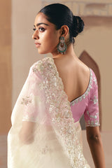 Pear White Glass Tissue organza Saree with Sequin Beaded Motif Butta
