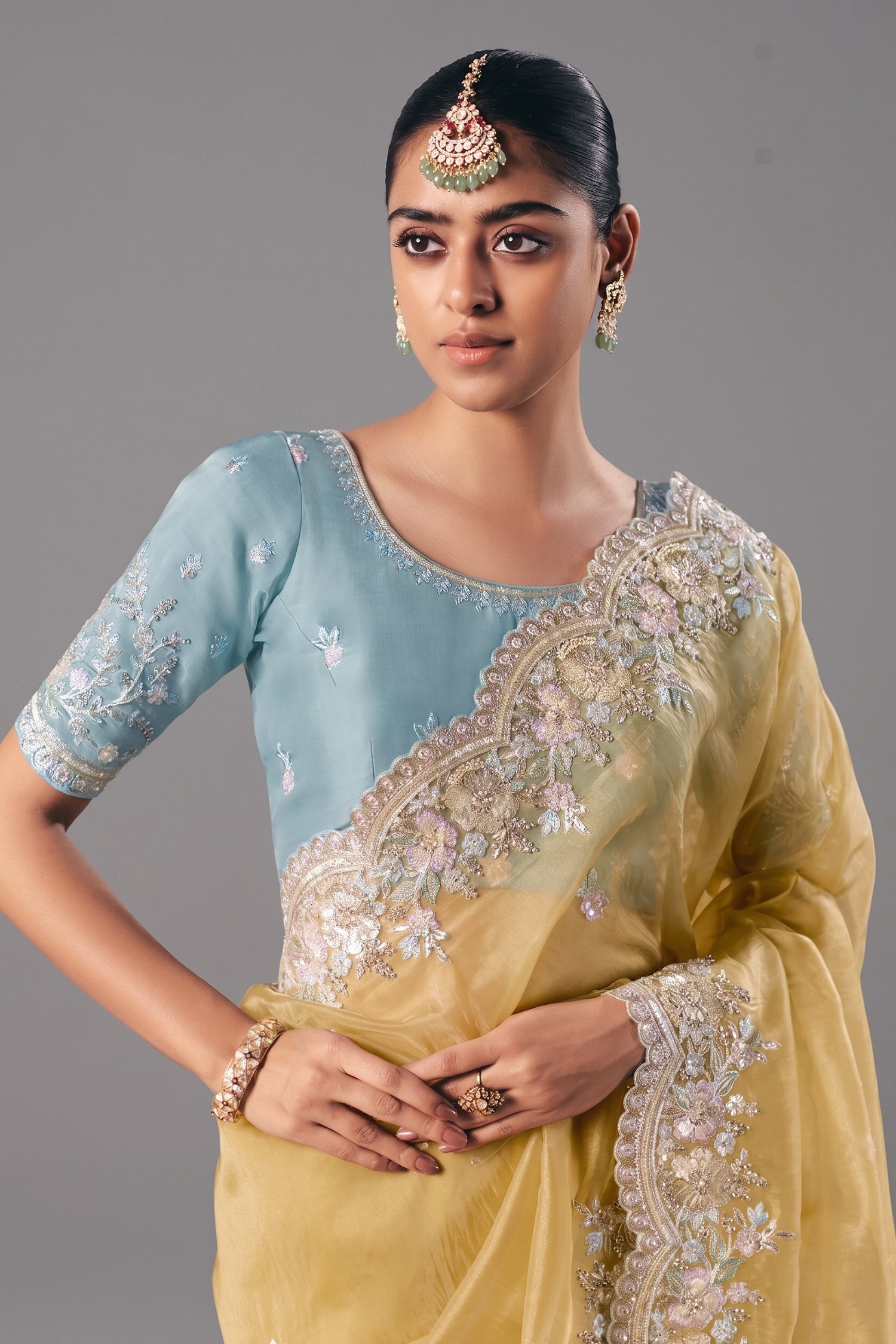 Mellow Yellow Glass Tissue Organza Saree with Sequin Beaded Motif - yellow organza saree