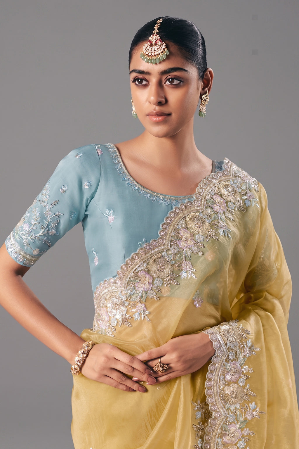 Mellow Yellow Glass Tissue Organza Saree with Sequin Beaded Motif - yellow organza saree