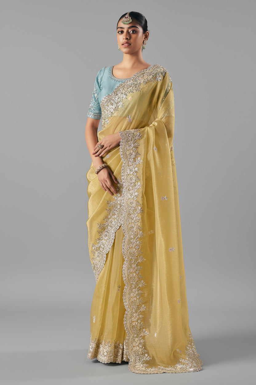 Mellow Yellow Glass Tissue Organza Saree with Sequin Beaded Motif - yellow organza saree Main image