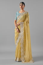 Mellow Yellow Glass Tissue Organza Saree with Sequin Beaded Motif - yellow organza saree