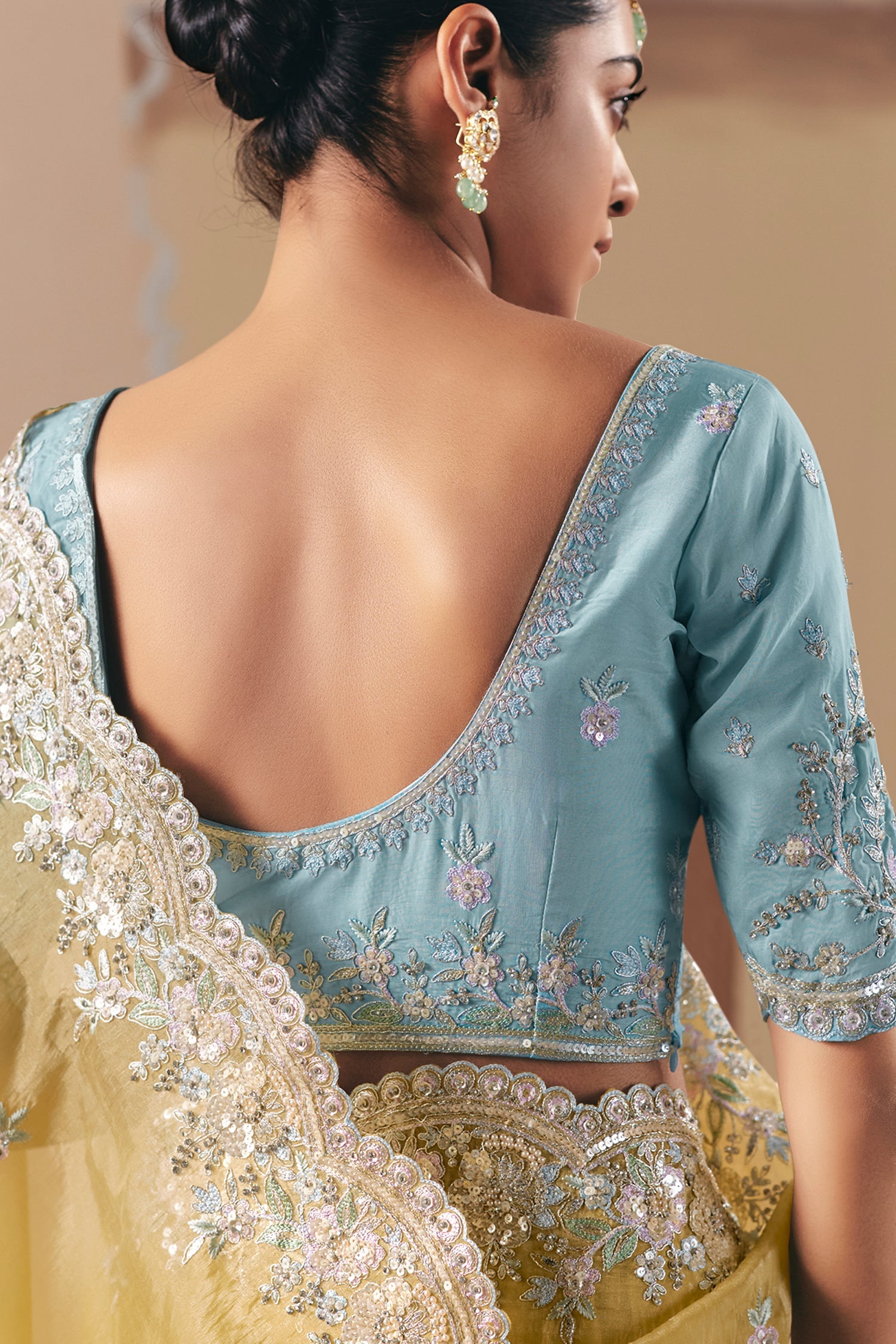 Mellow Yellow Glass Tissue Organza Saree with Sequin Beaded Motif - yellow organza saree