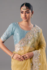 Mellow Yellow Glass Tissue Organza Saree with Sequin Beaded Motif - yellow organza saree