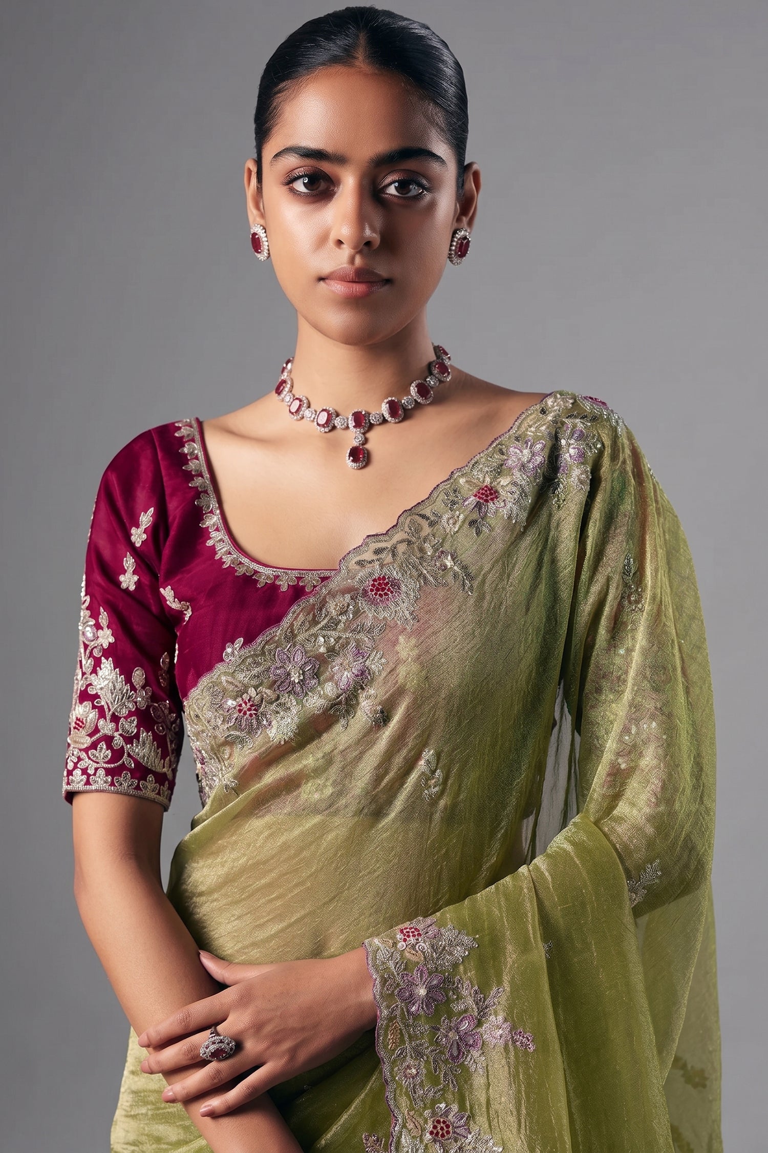 Moss Green Glass Tissue Organza Saree with Sequin Beaded Motif - green organza saree