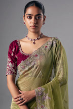 Moss Green Glass Tissue Organza Saree with Sequin Beaded Motif - green organza saree