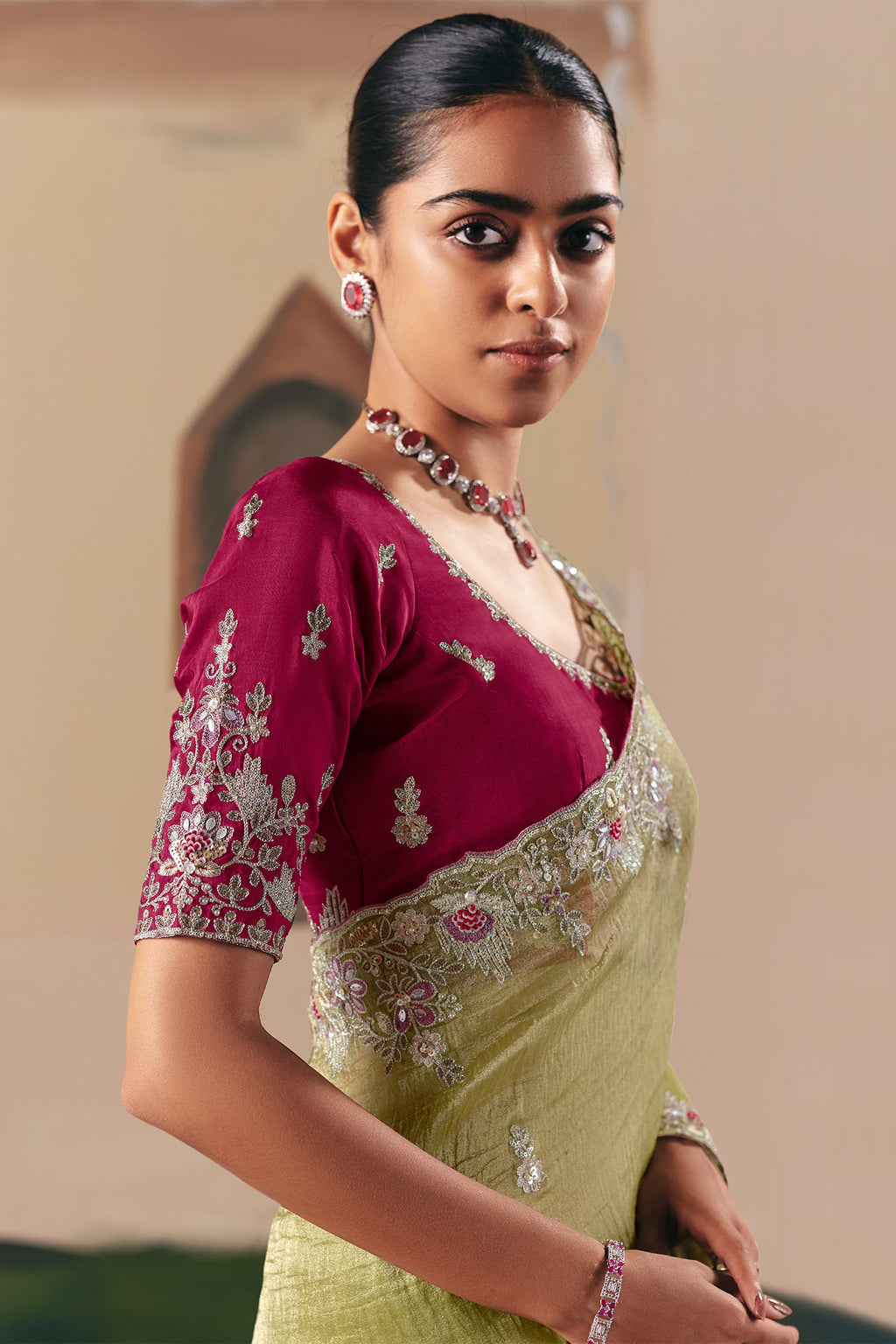 Moss Green Glass Tissue Organza Saree with Sequin Beaded Motif - green organza saree