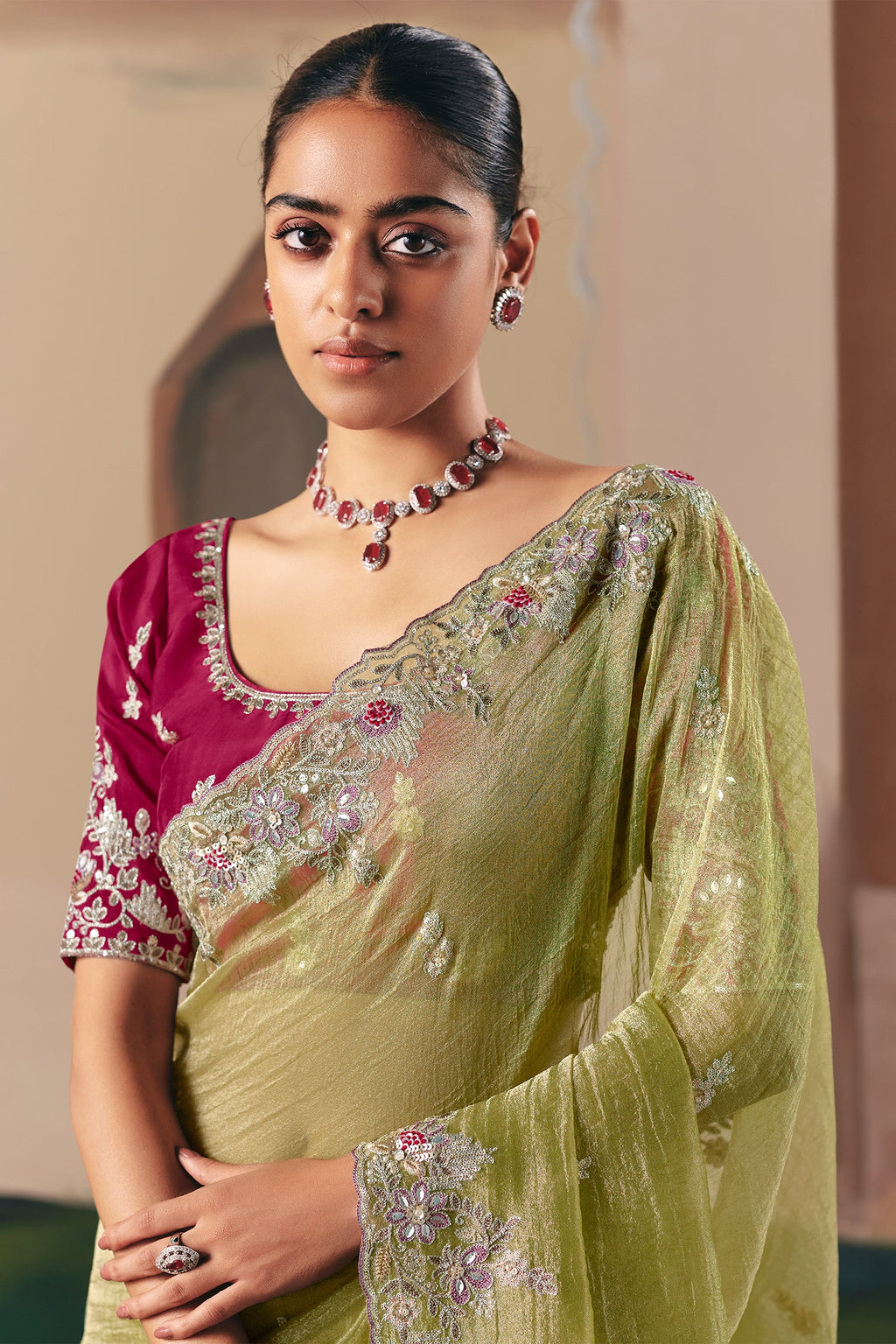 Moss Green Glass Tissue Organza Saree with Sequin Beaded Motif - green organza saree