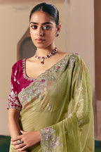 Moss Green Glass Tissue Organza Saree with Sequin Beaded Motif - green organza saree