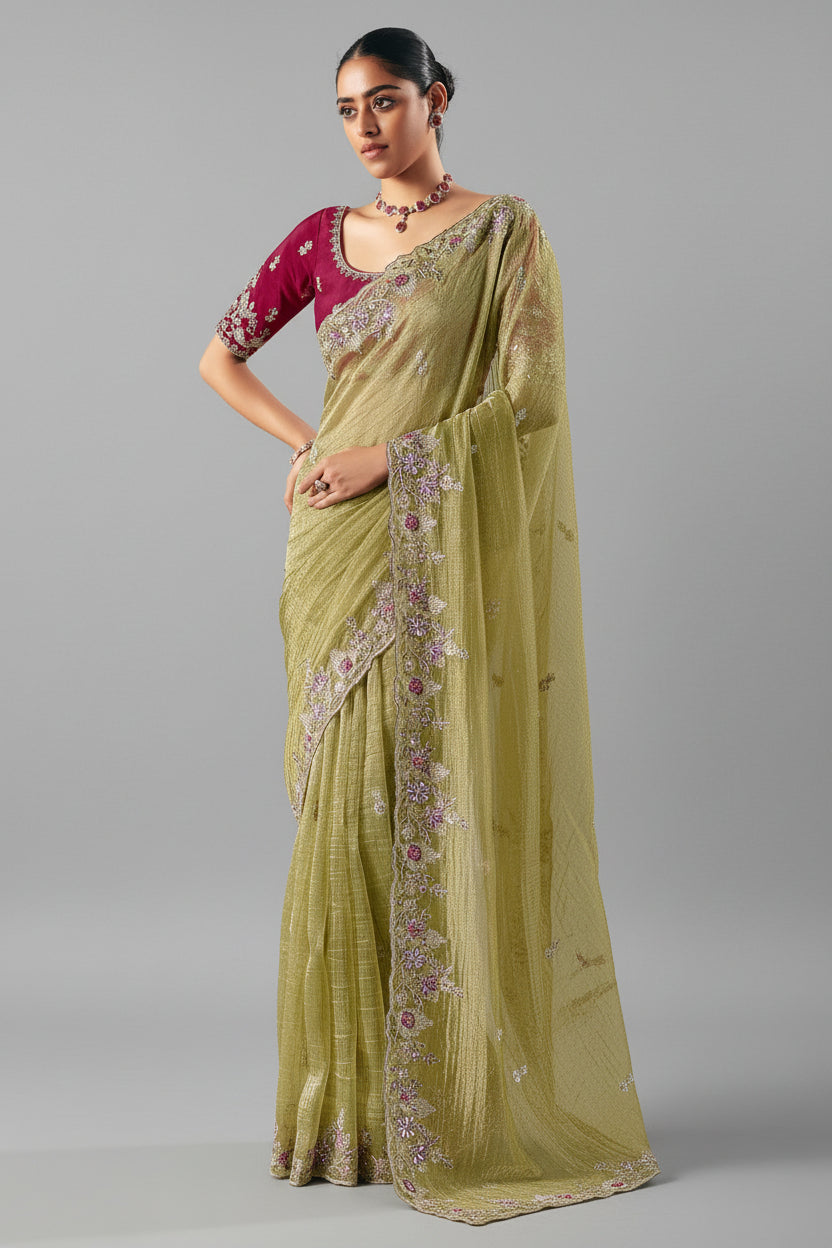Moss Green Glass Tissue Organza Saree with Sequin Beaded Motif - green organza saree