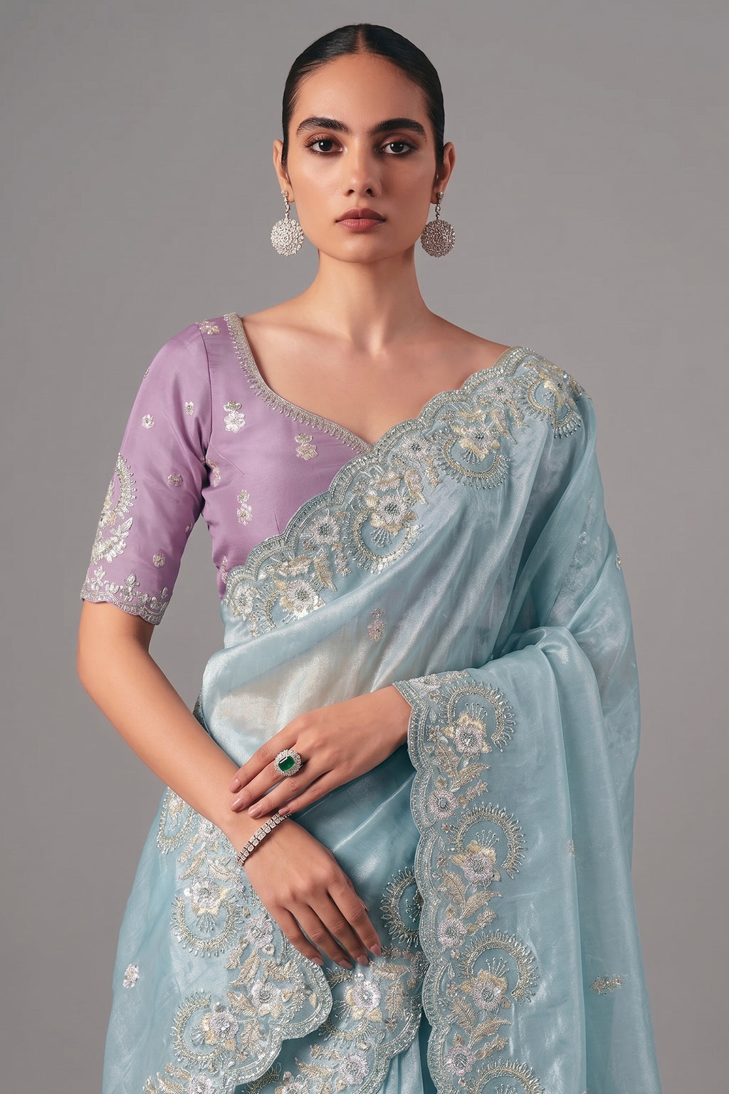 Powder Blue Glass Tissue Organza Saree with Sequin Beaded Motif