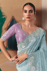 Powder Blue Glass Tissue Organza Saree with Sequin Beaded Motif
