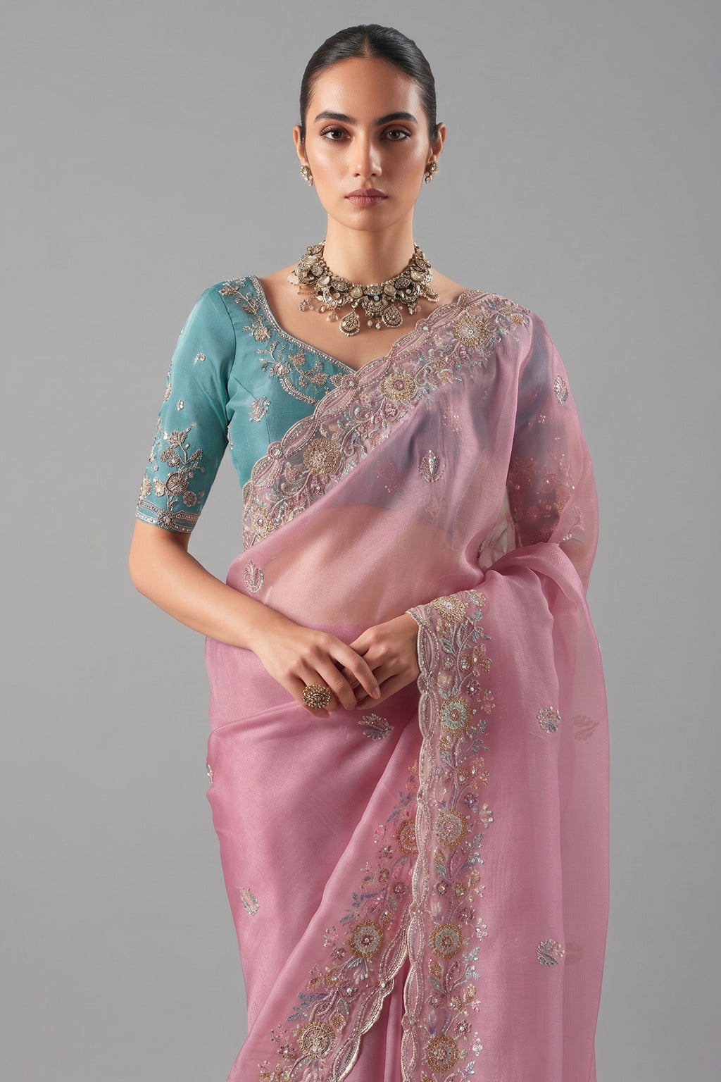 Pastel Pink Glass Tissue Organza Saree with Sequin Beaded Motif - pink organza saree