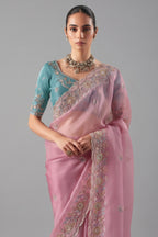 Pastel Pink Glass Tissue Organza Saree with Sequin Beaded Motif - pink organza saree