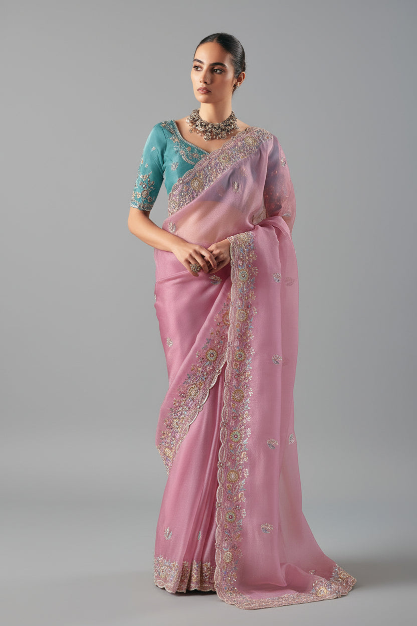 Pastel Pink Glass Tissue Organza Saree with Sequin Beaded Motif - pink organza saree Main image