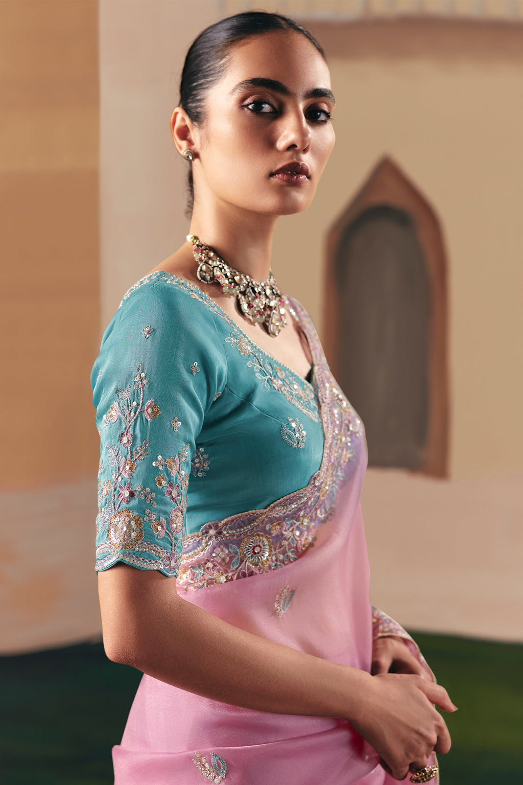 Pastel Pink Glass Tissue Organza Saree with Sequin Beaded Motif - pink organza saree
