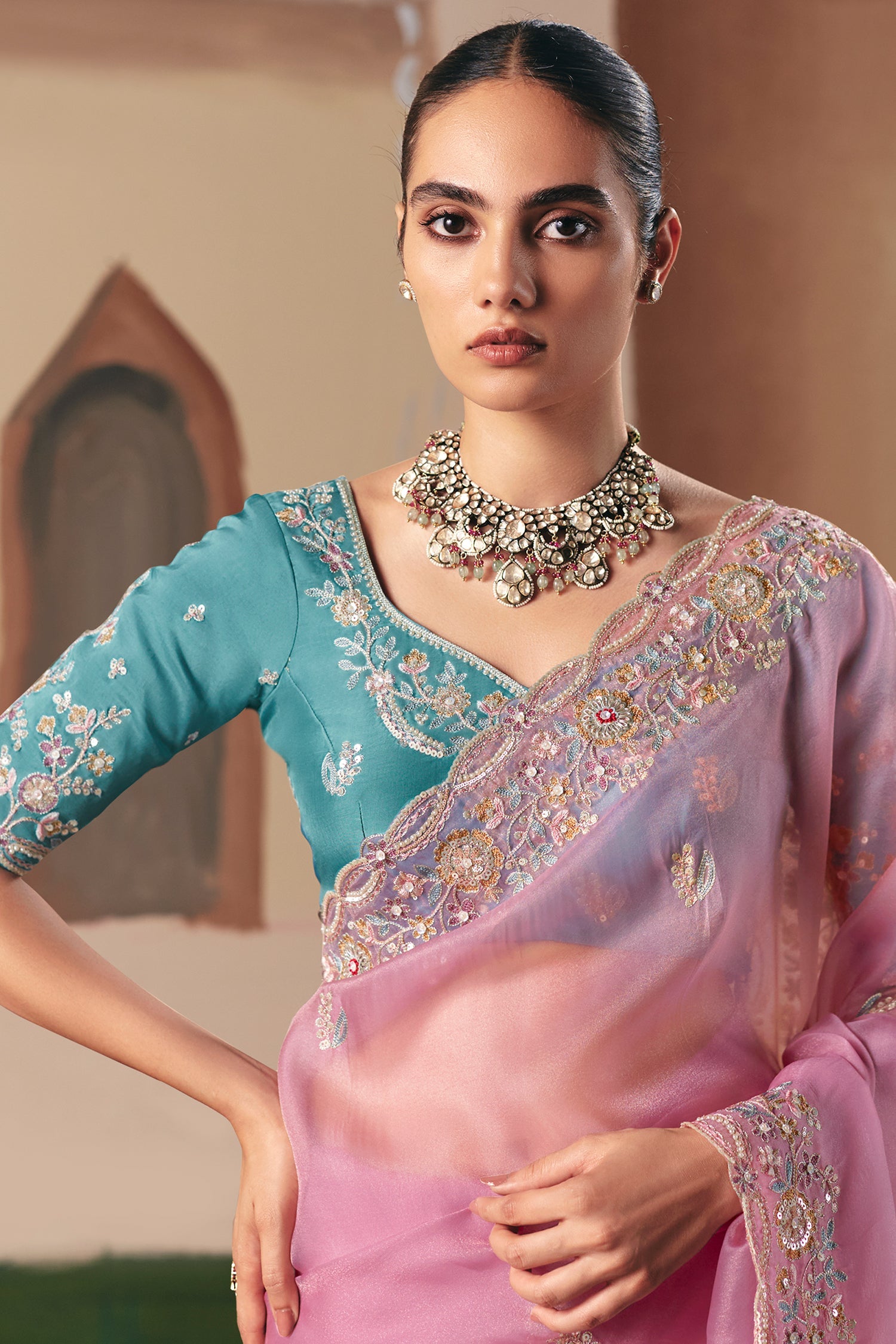Pastel Pink Glass Tissue Organza Saree with Sequin Beaded Motif - pink organza saree