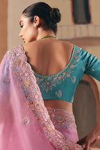 Pastel Pink Glass Tissue Organza Saree with Sequin Beaded Motif - pink organza saree