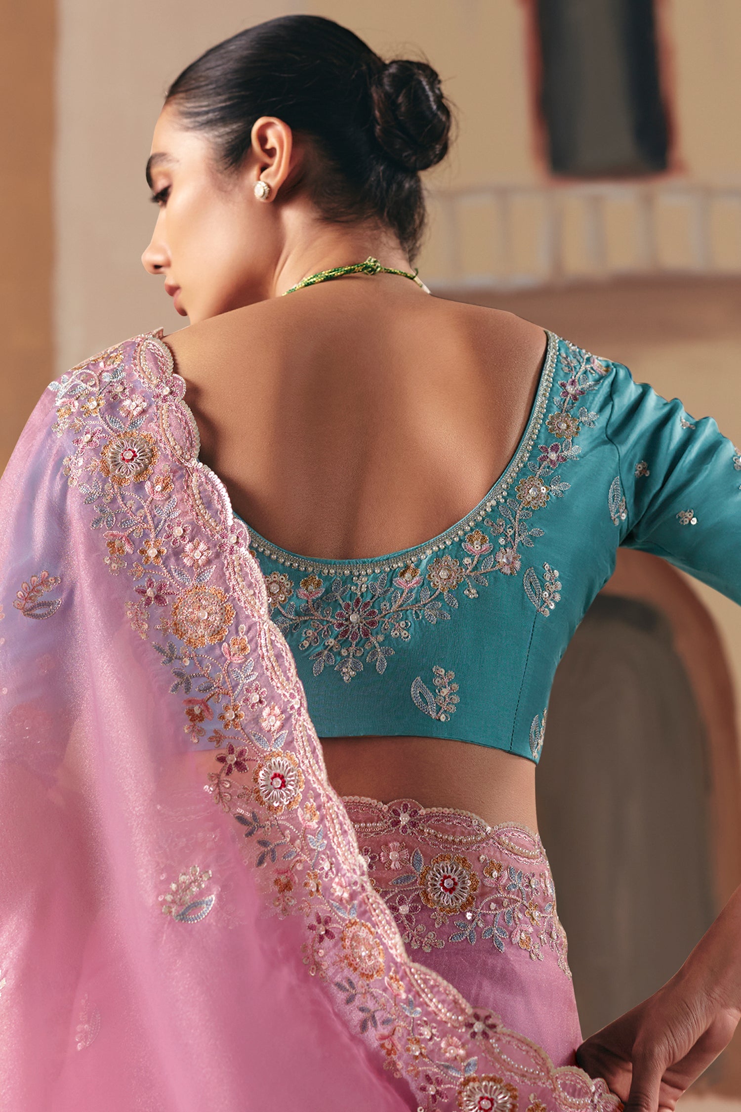 Pastel Pink Glass Tissue Organza Saree with Sequin Beaded Motif - pink organza saree