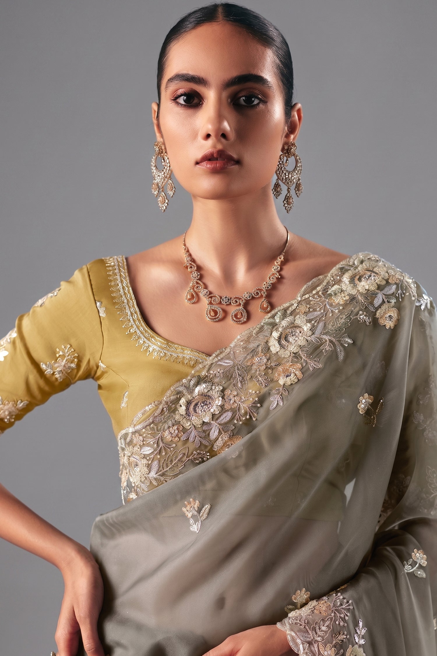 Grey Glass Tissue Saree with Sequin Beaded Motif - grey saree