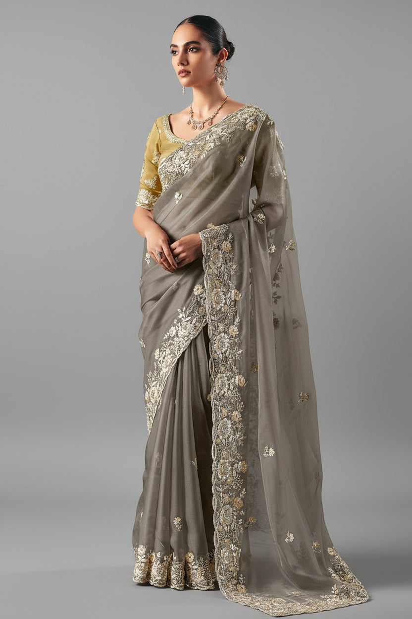 Grey Glass Tissue Saree with Sequin Beaded Motif - grey saree Main image