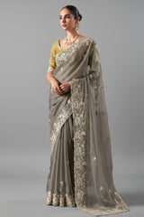 Grey Glass Tissue Saree with Sequin Beaded Motif