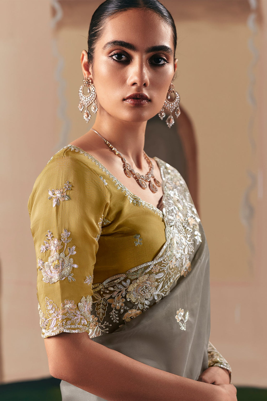 Grey Glass Tissue Saree with Sequin Beaded Motif - grey saree