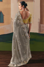 Grey Glass Tissue Saree with Sequin Beaded Motif - grey saree