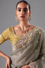 Grey Glass Tissue Saree with Sequin Beaded Motif - grey saree