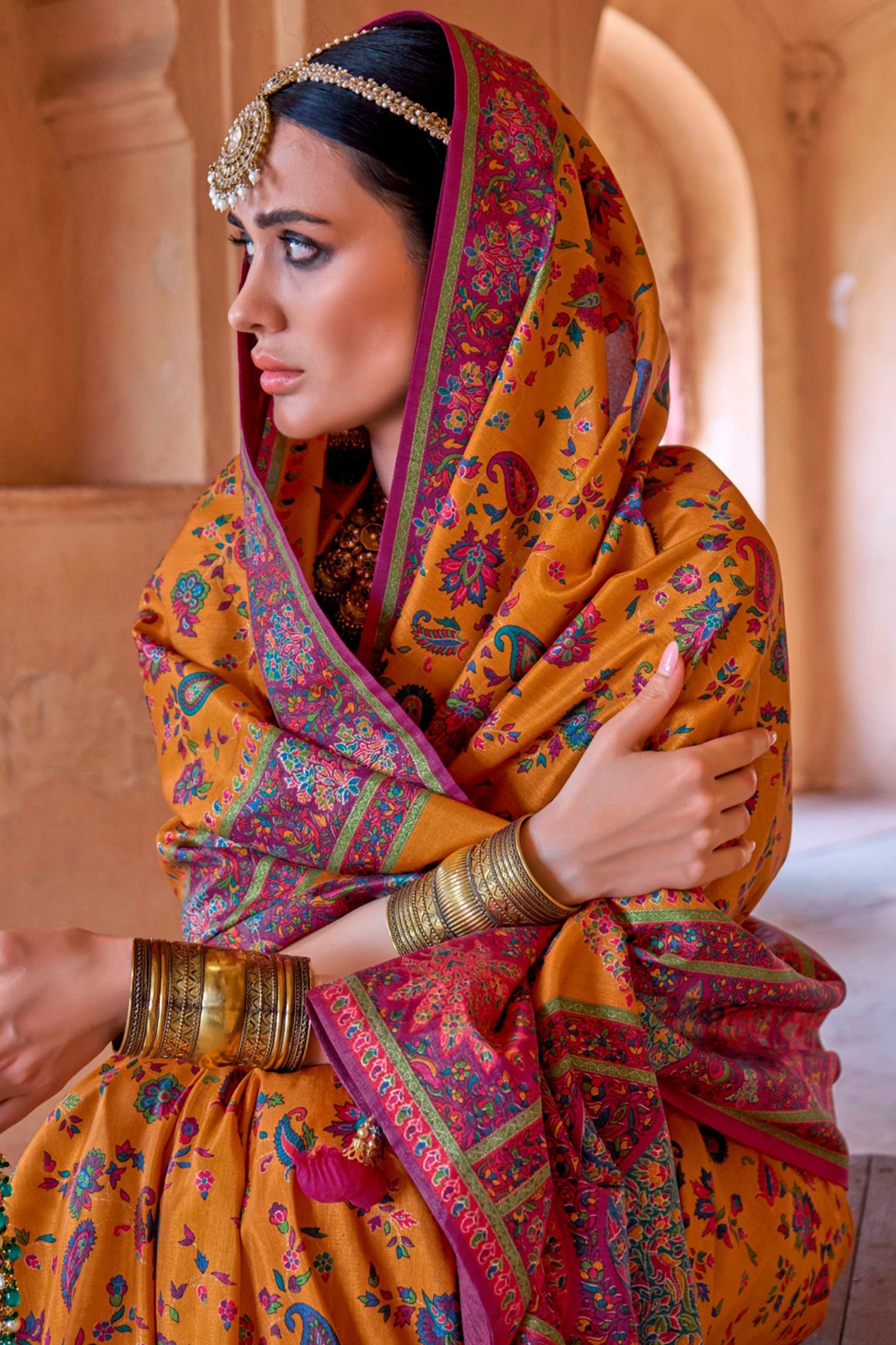 Mustard Art Silk Printed Saree with Paisley Motifs