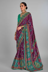 Purple Art Silk Printed Saree with Paisley Motifs