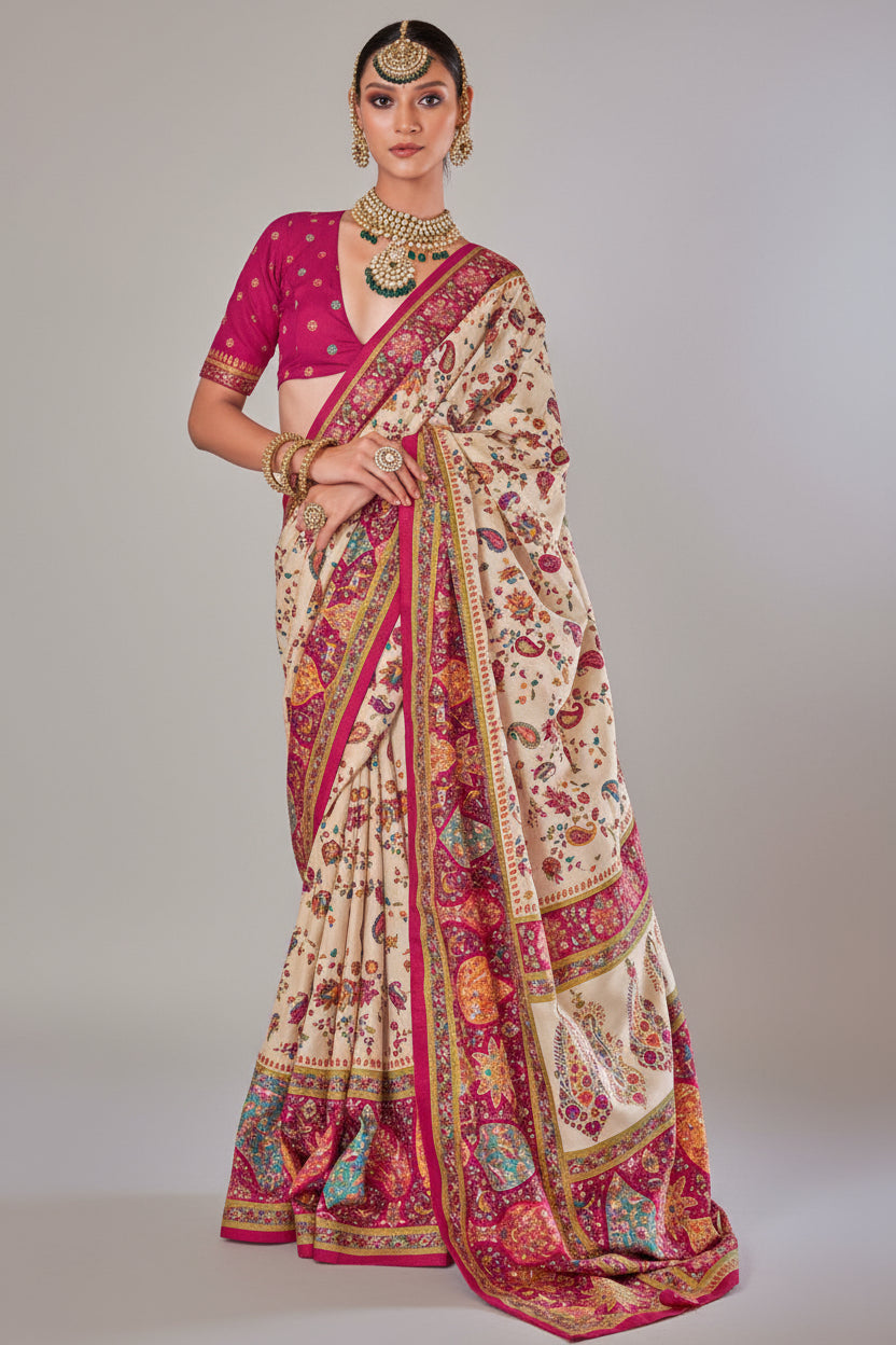 Cream Art Silk Printed Saree with Paisley Motifs