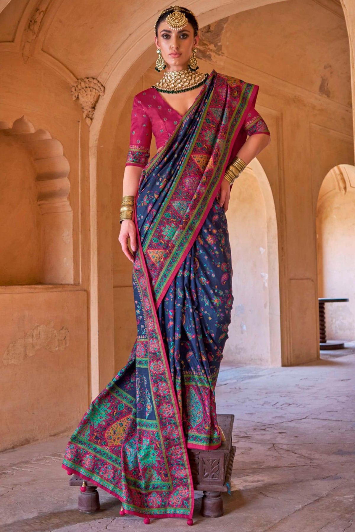 Navy Blue Art Silk Printed Saree with Paisley Motifs