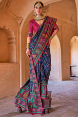 Navy Blue Art Silk Printed Saree with Paisley Motifs