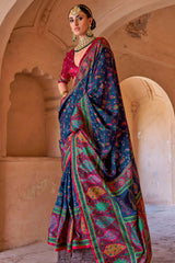 Navy Blue Art Silk Printed Saree with Paisley Motifs