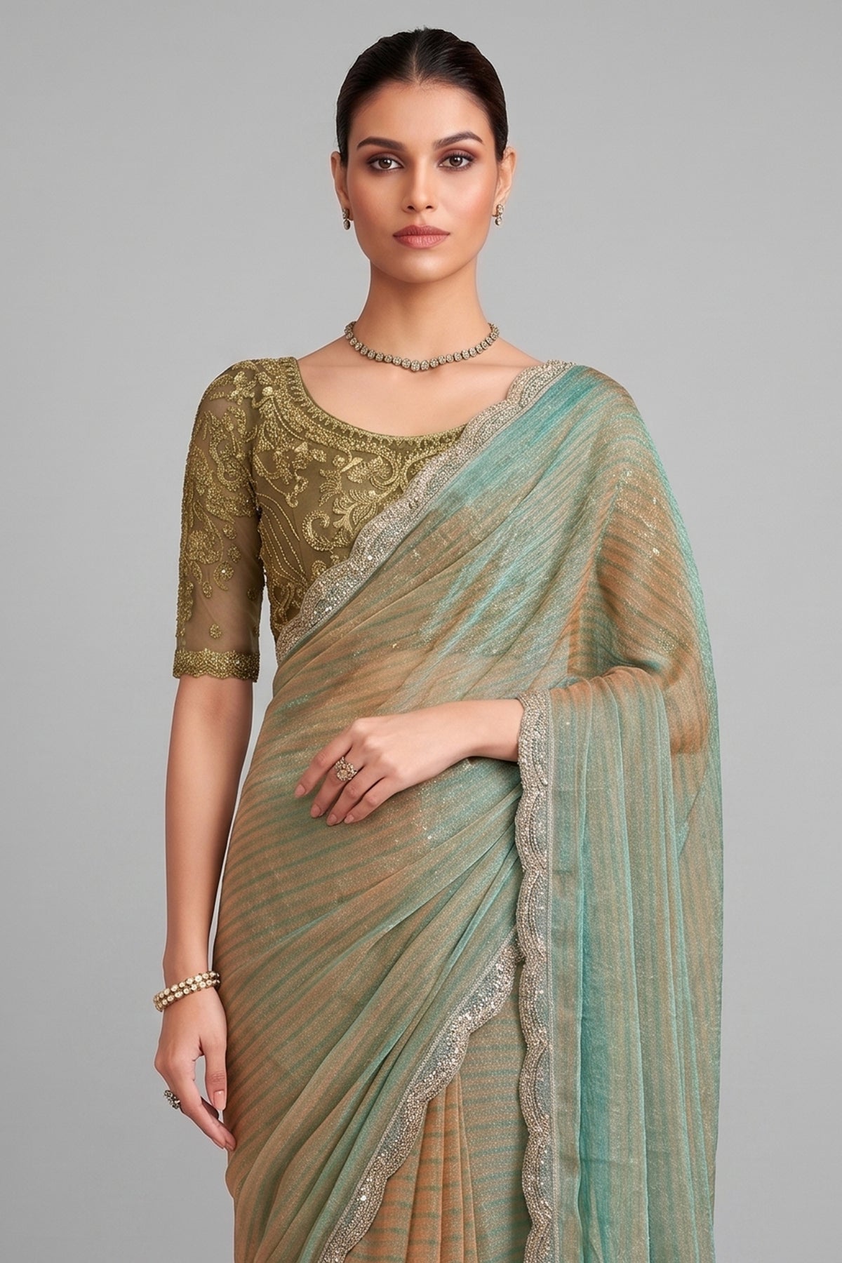 Blue and Golden Shaded Georgette Saree with Sequin Embellished Scallop Border - blue georgette saree