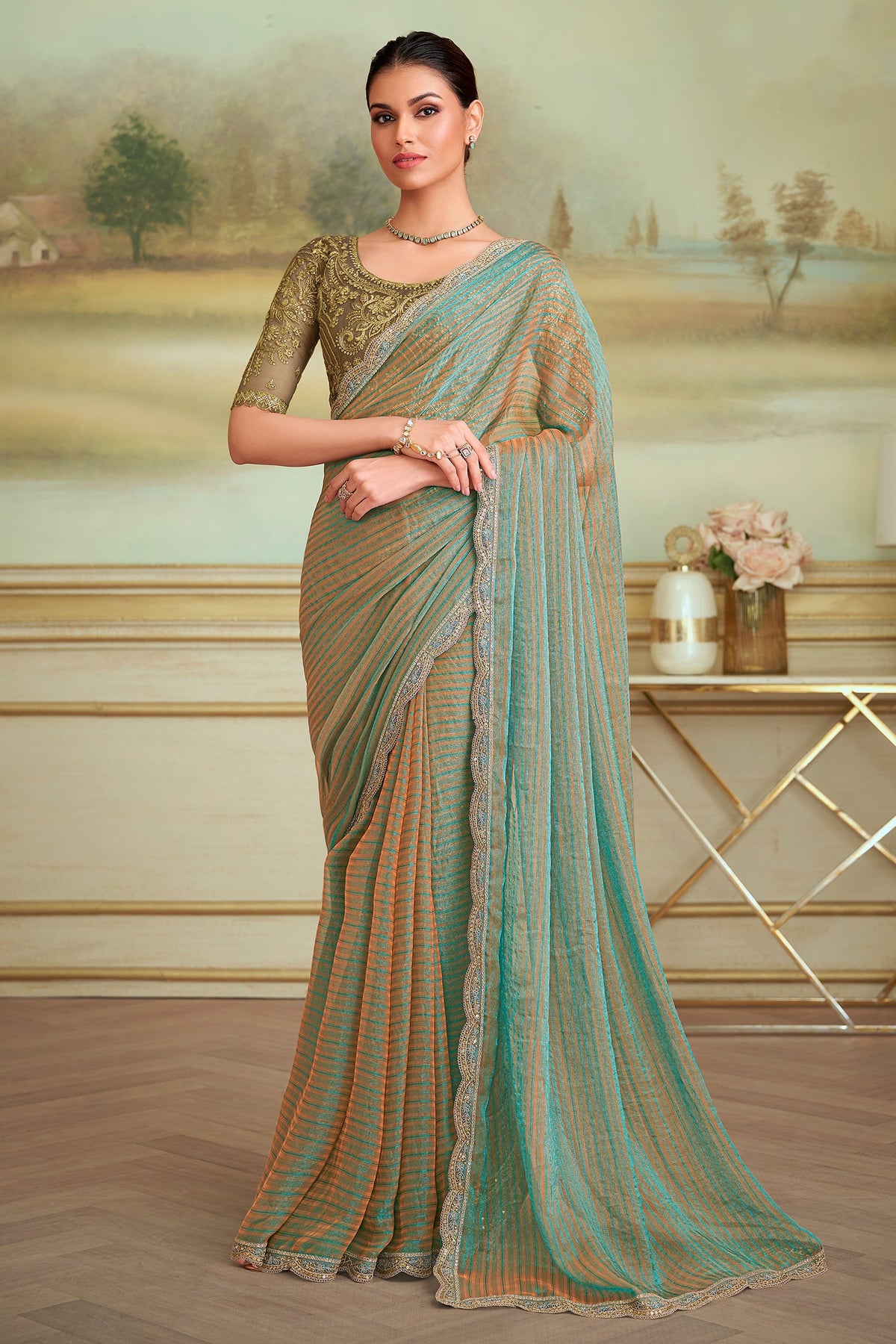 Blue and Golden Shaded Georgette Saree with Sequin Embellished Scallop Border - blue georgette saree