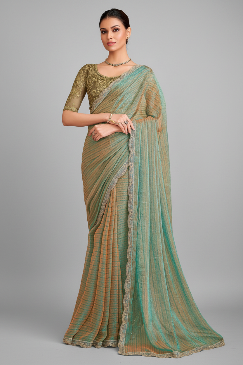 Blue and Golden Shaded Georgette Saree with Sequin Embellished Scallop Border - blue georgette saree