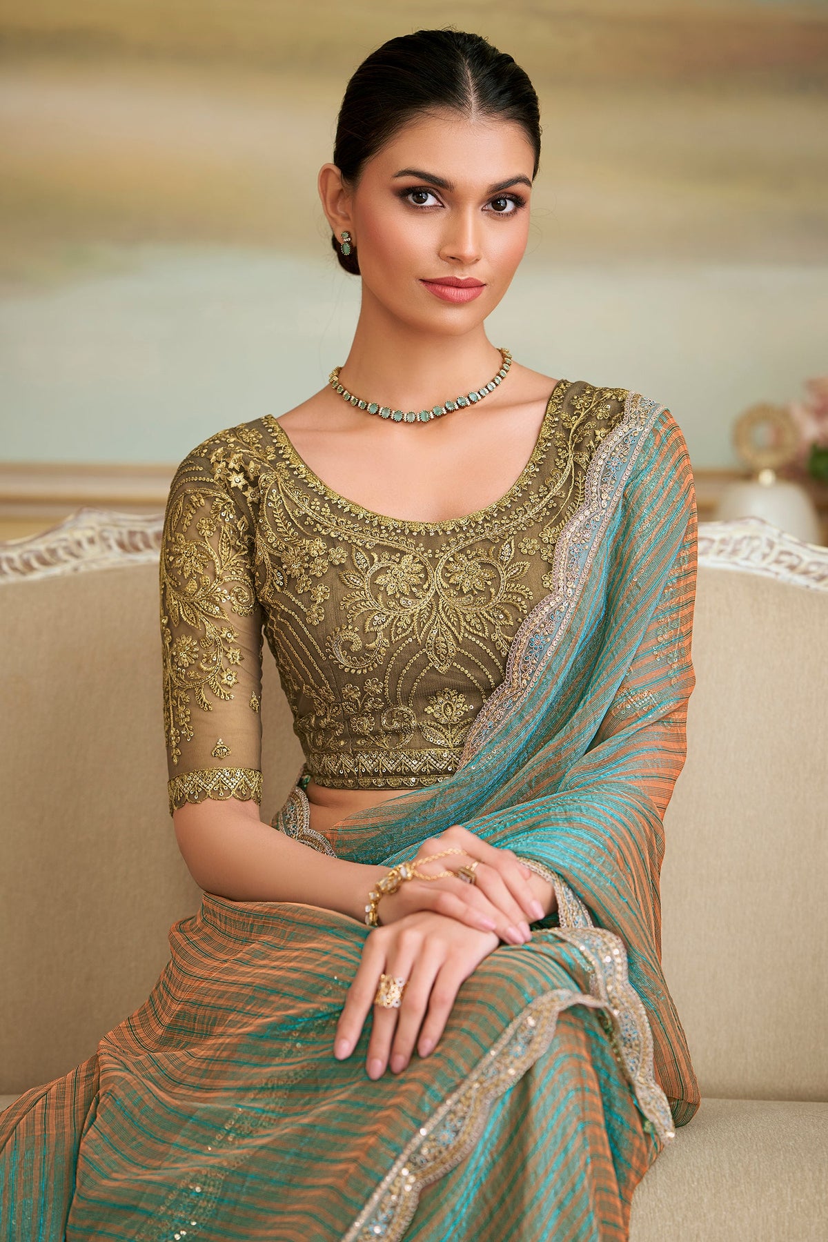 Blue and Golden Shaded Georgette Saree with Sequin Embellished Scallop Border - blue georgette saree