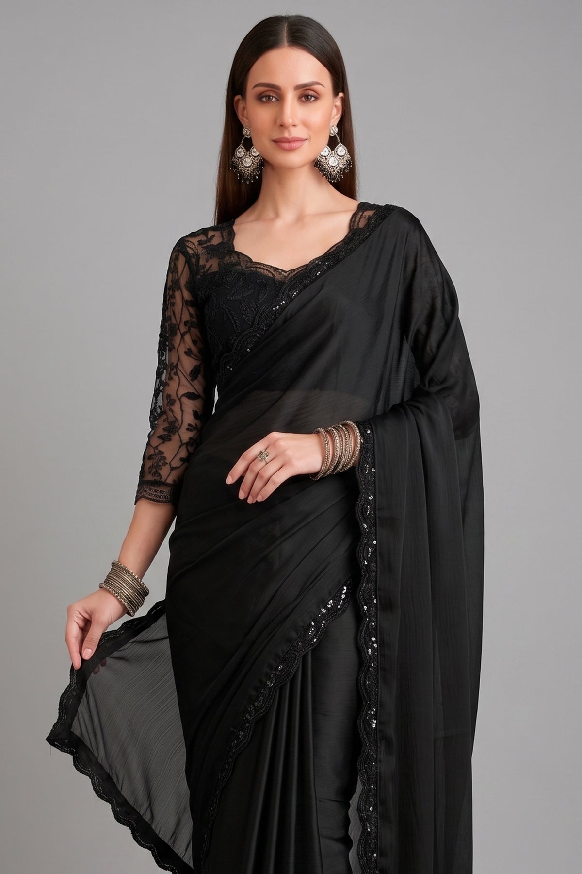 Black Chiffon Satin Saree with Sequin Lace - black satin saree