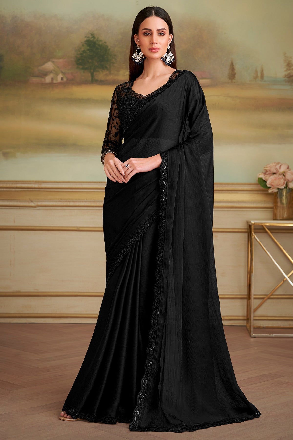 Black Chiffon Satin Saree with Sequin Lace - black satin saree