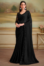 Black Chiffon Satin Saree with Sequin Lace - black satin saree