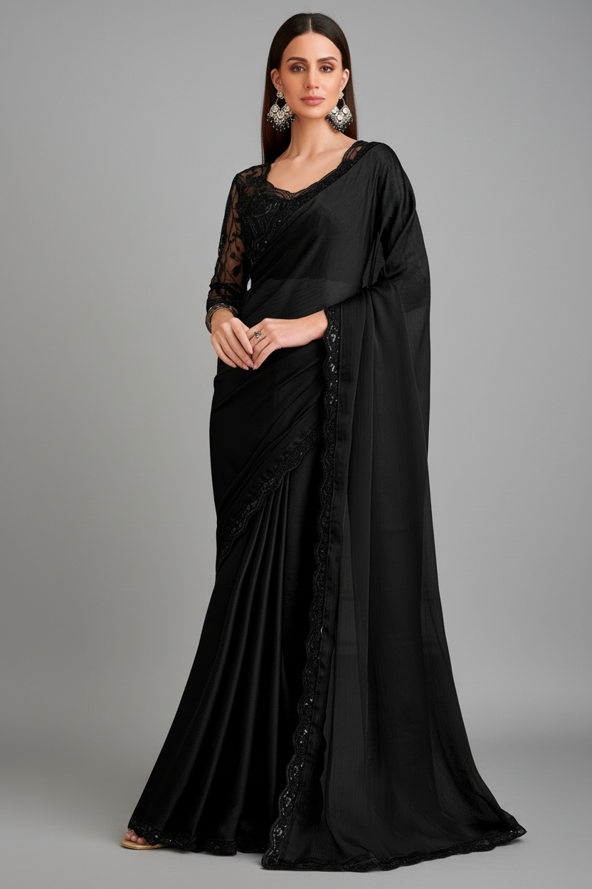 Black Chiffon Satin Saree with Sequin Lace - black satin saree Main image