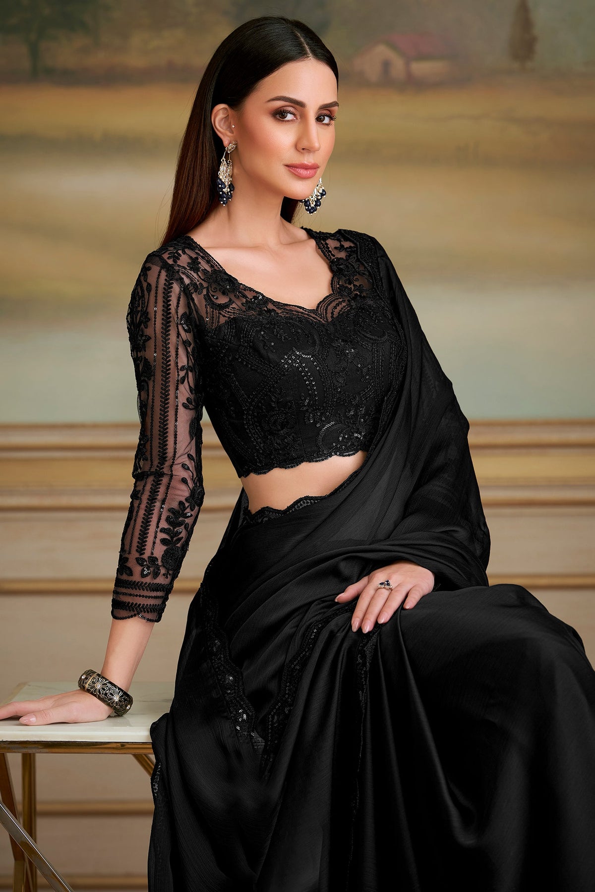 Black Chiffon Satin Saree with Sequin Lace - black satin saree